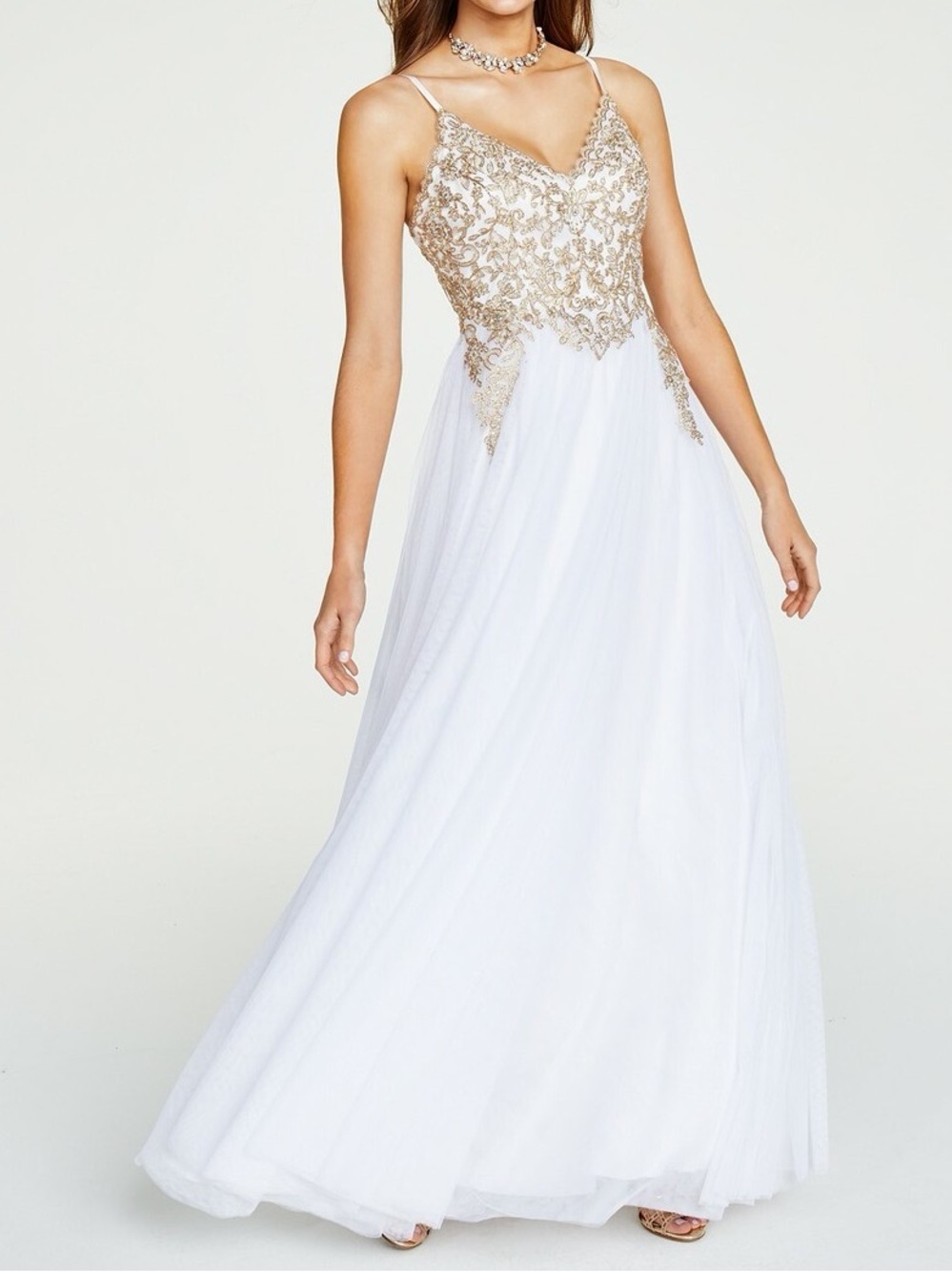 Gold and White Say Yes to The Prom Quinceañera Gown with Spaghetti Straps